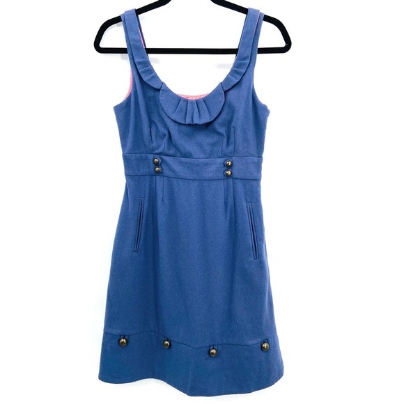 ANTHROPOLOGIE Moulinette Soeurs Wool Blue Gold Button Ruffle Sleeveless Dress 2 - Picture 1 of 7